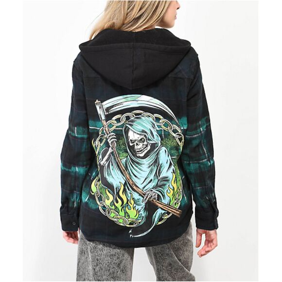 Broken Promises Grim Reaper Thomas Overdyed Green Hooded Flannel Shirt - Large - Picture 1 of 8